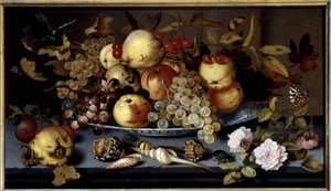 Stilleben af frugter, blomster, skaller og insekter. Maleri af Balthasar Van Der Ast (1590-1656) Ec. Hol