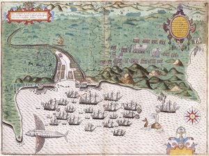 Udsigtsplan for Santiago, Kap Verde-øerne, der viser Sir Francis Drakes angreb på det spanske fort den 17. november 1585, ca. 1588-9