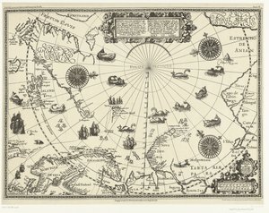 Kort over landene omkring polarcirklen med hollændernes tre rejser i 1598 af Baptista van (after) Doetechum