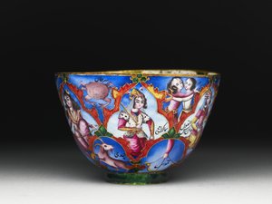 Skål med låg, underkop og ske med astrologisk dekoration, begyndelsen af 1800-tallet af Baqir