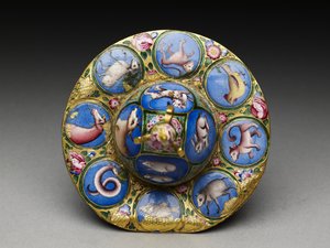 Skål med låg, underkop og ske med astrologisk dekoration, begyndelsen af 1800-tallet