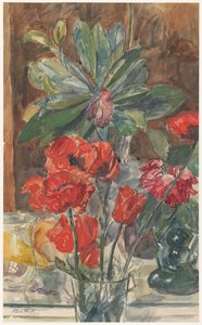 Blomsterstudie af valmuer og rhododendron