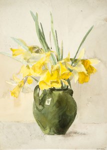 Buketter af gule blomster i en vase (akvarel på vævet papir)