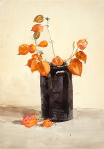 Blomster i sort vase (akvarel på papir)