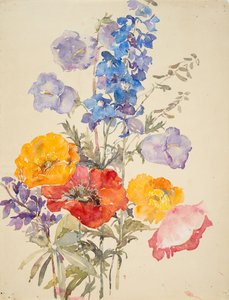 Gule, røde og blå blomster (akvarel og grafit på lagt papir)