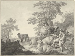 Hyrde med får og en dreng med en ung tyr i et landskab