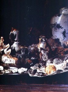 Eksotisk stilleben med abe og kinesisk porcelæn af Barend or Bernardus van der Meer
