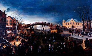 Et vinterlandskab med kunstskøjteløb og leg, ca. 1640-50 (olie på panel) af Barent (follower of) Avercamp