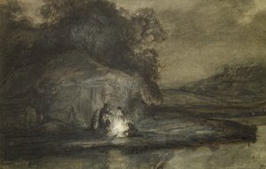 Nattelandskab med en flod og hyrder (pen og blækvask med kropsfarve på papir)
