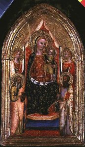 Madonna og barn på tronen med St. Bartholomew og andre hellige af Bargello Master
