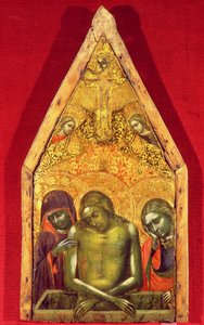 Pieta tempera på panel med påført tekstil af Barnaba da Modena