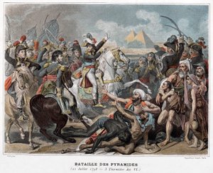 Slaget ved pyramiderne: Napoleon Bonaparte i Egypten i 1798 (kobberstik) af Baron Antoine Jean (after) Gros