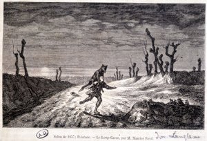 Varulv (varulv) angriber en mand - fra ca. maleri af Maurice Sand udstillet på Salonen i 1857. af Baron Dudevant Jean Francois Maurice (after) Sand