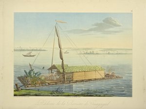 Flåde på floden Guayaquil, tegnet af Marchais, graveret af Bouquet, illustration fra "Views of the Cordilleras and Monuments of the Native Peoples of America" ​​​​af Alexander von Humboldt og Aime Bonpland, 1813 af Baron Friedrich Alexander von Humboldt