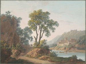 Flodlandskab med slotte og rejsende af Baron Louis Albert Guillain Bacler d