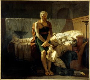 Marcus Sextus tilbagevenden Marcus Sextus (imaginær figur), flygtet fra Syllas forbud, finder ved hans tilbagevenden, hans datter i tårer, nær sin døde kone - Maleri af Pierre Narcisse (Pierre-Narcisse) Guerin (1774-1833) 1799 Dim 2 ,17 x 2,43 m Paris