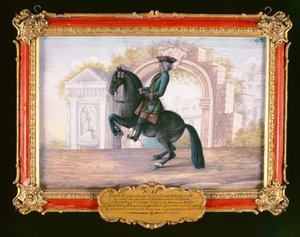 Nr. 42 Agrable, en mørk fawn hest fra den spanske rideskole, der udfører en dressurbevægelse kaldet en Curvet (wc på papir) af Baron Reis Eisenberg