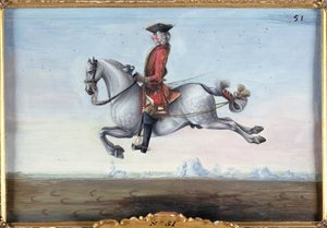 Nr. 51 En plettet grå hest fra den Spanske Rideskole, der udfører en dressurbevægelse kaldet en Capriole (wc på papir)