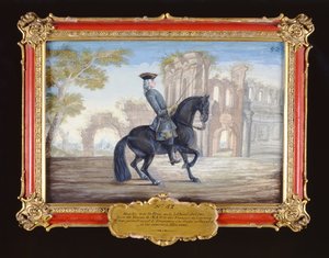 Nr. 52 Le Bienvenu, en mørk bay hest fra den spanske rideskole, der udfører en dressurbevægelse (wc på papir) af Baron Reis Eisenberg