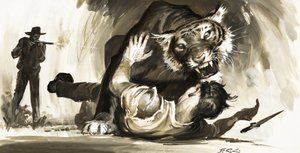 Tiger angriber en jæger af Barrie Linklater
