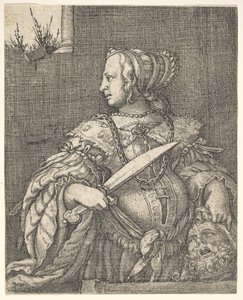 Judith, halvlang og i profil til venstre, et sværd i højre hånd og hovedet af Holo.... af Barthel Beham