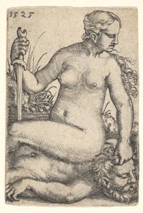 Judith, der kiggede mod højre, sad nøgen på toppen af Holofernes døde krop med et sving..., 1525.