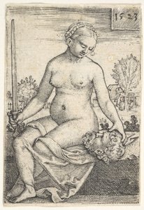 Judith, siddende nøgen med et sværd i højre hånd, stirrede ned i hovedet af Holofernes ..., 1523.