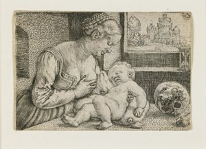 Mor og barn med kranie og timeglas, ca. 1528-1530 af Barthel Beham