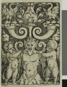 Ornament med en mandlig halvlængde mellem to genier af Barthel Beham