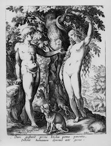 Adam og Eva, graveret af Hendrik Goltzius, 1585 af Bartholomaeus Spranger