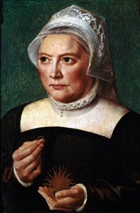 Portræt af Catherine de Bore (Katharina von Bora) (1499-1552), hustru til Martin Luther. Hun holder en alliance i hånden og bærer en jordbærkrave. Maleri af Bartholomaeus (Barthel) Bruyn den Ældre (1493-1555) Chantilly, Conde Museum