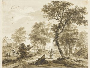Landskab med figurer og til venstre en mand i et punt af Bartholomeus Barbiers