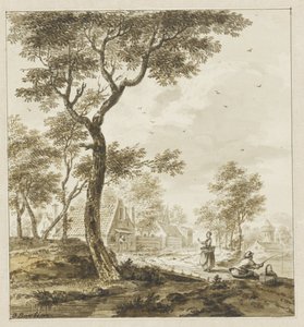 Landskab med figurer og en lystfisker til højre af Bartholomeus Barbiers