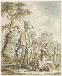 Landskab med to mænd ved en tavle ved en vandpumpe af Bartholomeus Barbiers
