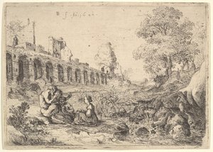 Korsika siddende foran satyrer på bredden af en flod, fra et par tallerkener til Battista Gu..., 1640. af Bartholomeus Breenbergh