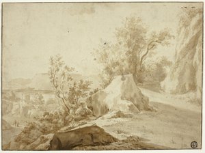 Klipper og bjergsti, figurer og by nedenfor af Bartholomeus Breenbergh