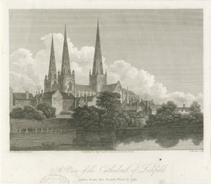 Lichfield Cathedral - South West View: engraving, 1796dani af Bartholomew Howlett