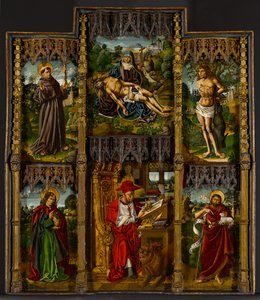 Bærbar altertavle: Pietà, Saints Francis, Sebastian, Johannes Evangelisten, Hieronymus og Johannes Døberen, ca. 1500