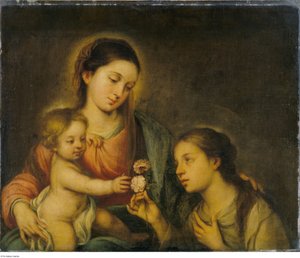 Efter Bartolomé-Esteban Murillo - Jomfruen og barnet med den hellige rose af Viterbo, P104 af Bartolomé Esteban Murillo