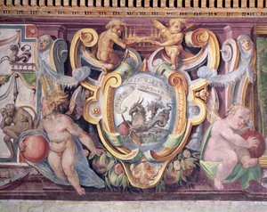 Storhertugen af Toscanas Sala del Granduca di Toscana-sal detalje af frisen, der viser stjernetegnene, Stenbukken, Francesco deMedicis emblem 1541-87 1564-75 fresco
