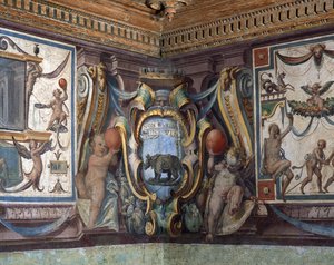 Storhertugen af Toscanas Sala del Granduca di Toscana-sal detalje af frisen, der skildrer stjernetegnene, næsehornet, fresko fra 1564-75