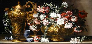 Stilleben med pink i etui og en florentinsk ædel på en afsats (olie på lærred) af Bartolomeo Bimbi