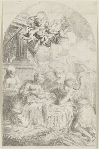 Kristusbarn tilbedt af tre engle af Bartolomeo Biscaino