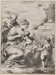 Den hellige familie med Sankt Johannes. af Bartolomeo Biscaino
