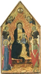 Jomfruen og barnet tronede mellem fire engle og hellige af Bartolomeo Bulgarini