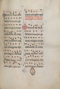 Missale: Fol. 182: Musik til forskellige almindelige bønner, 1469. af Bartolomeo Caporali