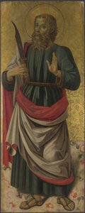 Saint Bartholomew fra Altertavle: Jomfruen og barnet med hellige, ca 1475