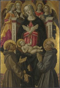 Jomfruen og barnet med hellige, engle og en donor fra altertavlen: Jomfruen og barnet med hellige, ca 1475 af Bartolomeo Caporali