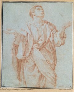 Mand draperer, arme åbne, øjne løftet til himlen, hovedet vipper Tegning a la sanguine af Bartolomeo Cesi (1556-1620) Dim. 0,28 x 0,23 m Paris. Louvre-museet