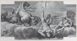 Plade 34: Auriga, vognføreren, falder fra vognen i midten, med tre heste ved l..., 1756. Skaber: Bartolomeo Crivellari, Gabriel Söderling. af Bartolomeo Crivellari, Gabriel Söderling
